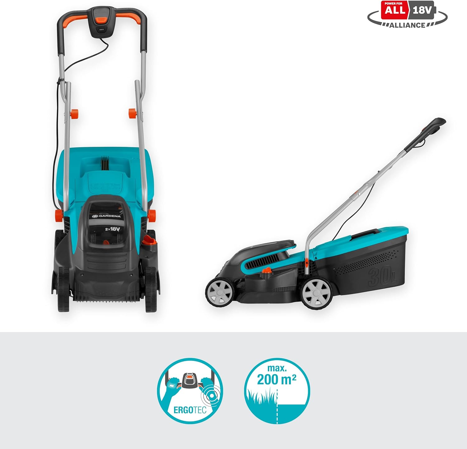 Gardena Akku-Rasenmäher PowerMax 32/36V P4A Ready-to-Use Set: Rasenmäher bis 200 m², 32 cm Schnittbreite, 30 l Fassungsvolumen, Schnitthöhe 20-60 mm, inkl. 2 x 18V P4A Akku (14621-20)