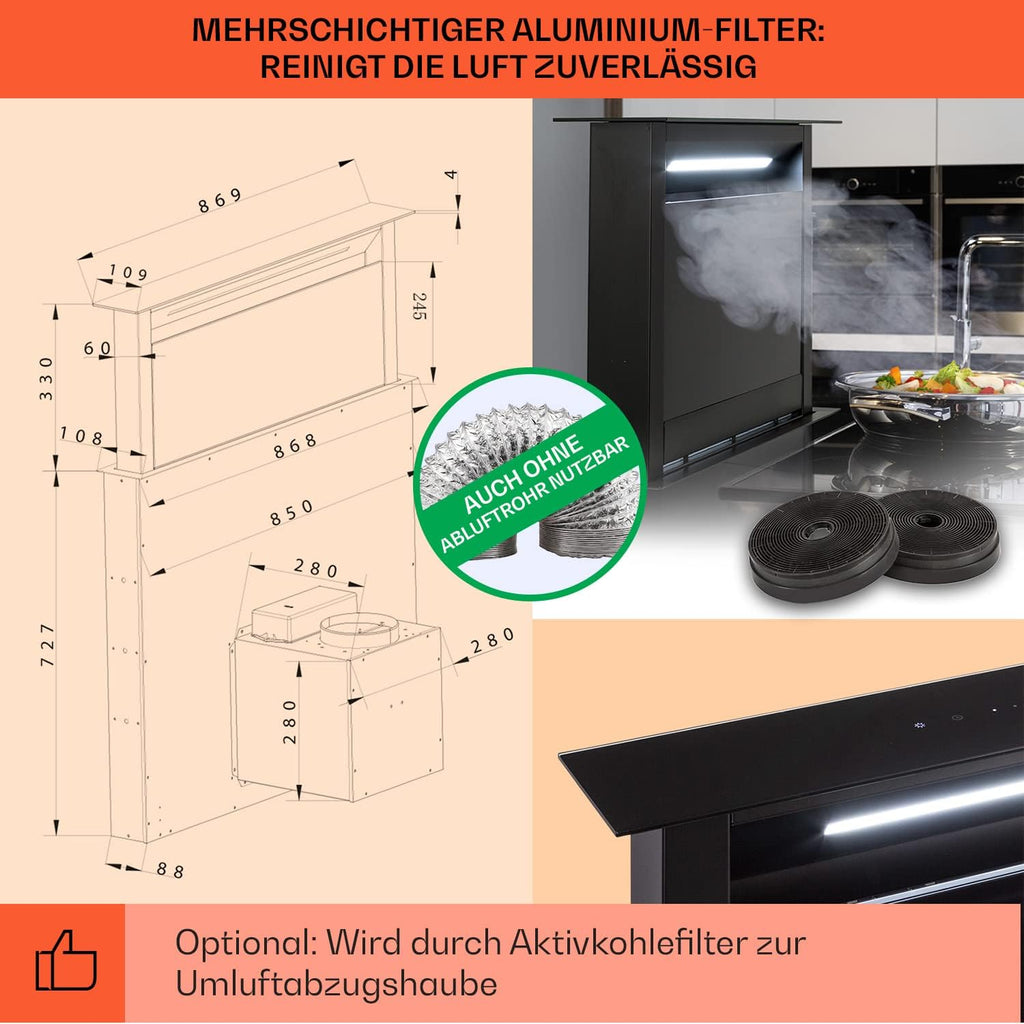 Klarstein Downdraft-Dunstabzugshaube, Versenkbare Abzugshaube, Leise Dunstabzugshauben mit Filter, Dunstabzugshaube 60cm, Umluft/Abluft Dunsthaube mit 10 Stufen, Dunstabzug 576 m³/h Luftstrom