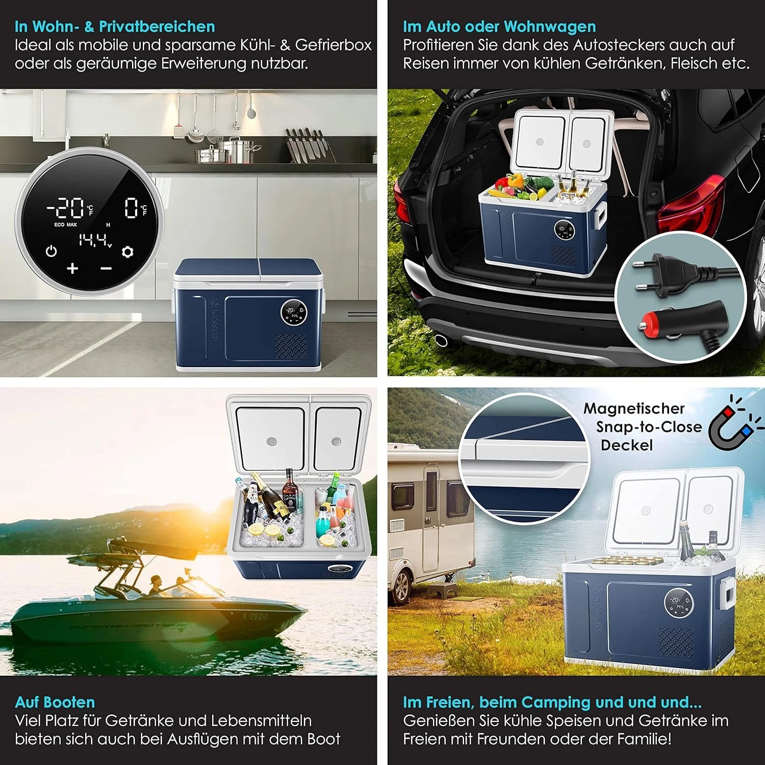 KESSER® Kompressor Kühlbox 2in1 Doppelzone Kühl & Gefrierfach elektrische Gefrierbox mit 2x Kühlakkus & LED-Touch-Bedienung | Kühlschrank Kühlung bis -20 °C für Camping, Auto, Lkw 12/24V 230V