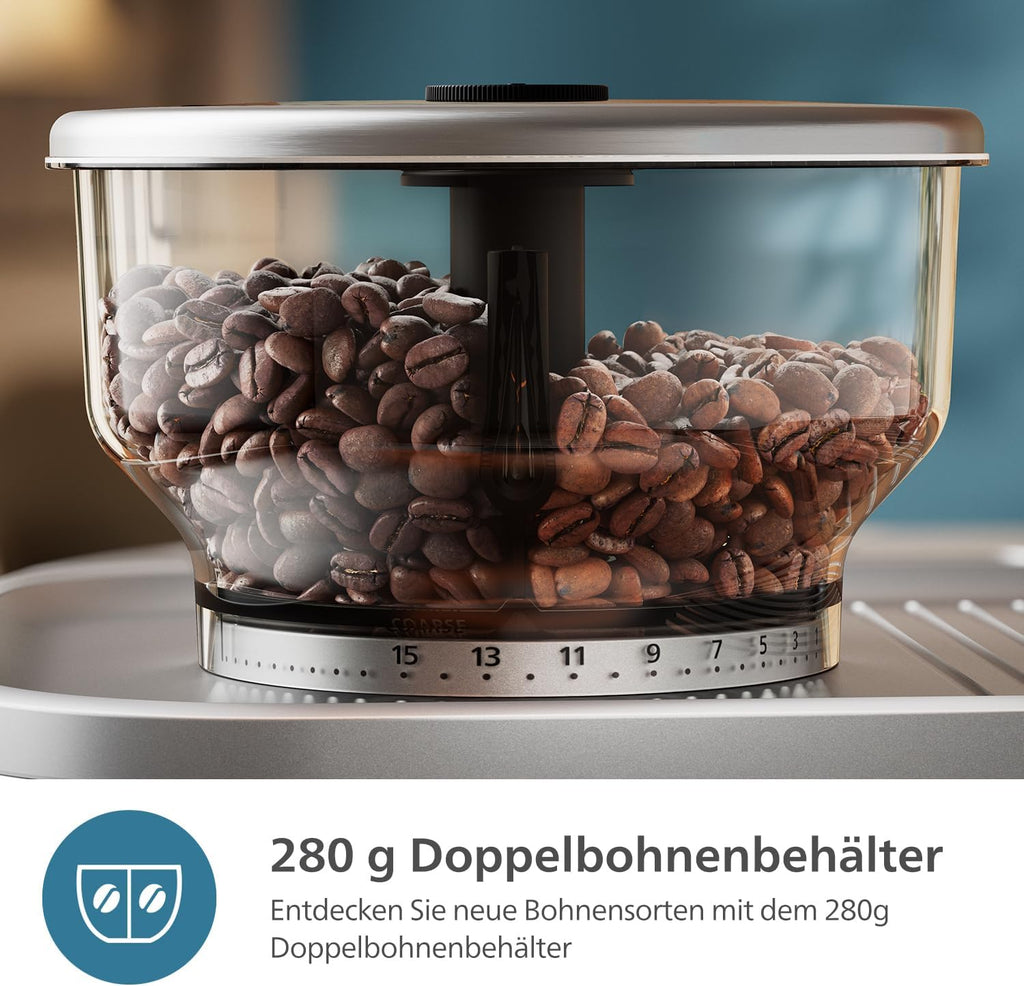 Philips Barista Brew Halbautomatische Espressomaschine - Einfacher & doppelter Espresso + Americano Taste, 250g Bohnenbehälter, Intuitive Führung, Kalibriertes Stampfen, Metall Silber (PSA3218/01)