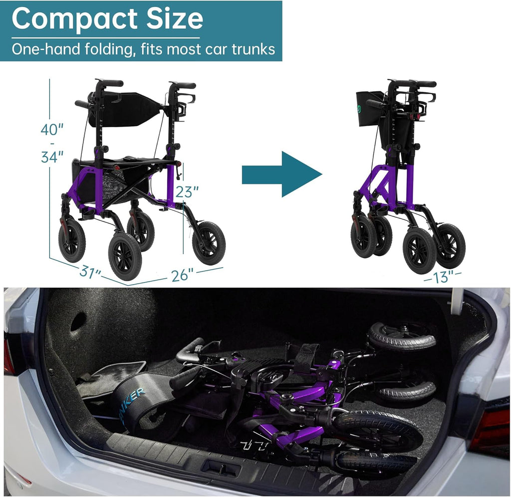 Geländegängiger 2-in-1-Rollator und Transportstuhl, zusammenklappbarer Rollstuhl mit luftlosen 10-Zoll-Rädern für Senioren, umkehrbare Rückenlehne und abnehmbare Fußstützen, blau