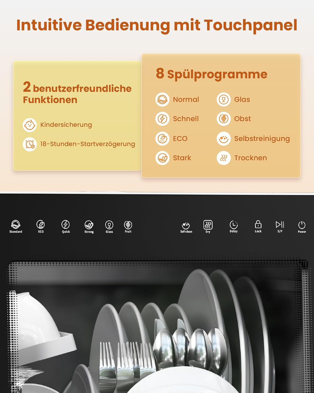 HAVA 2025 NEUE Tischgeschirrspüler mit Wasserenthärter und erhöhter Energieeffizienz, Spülmaschine mit 8 Programmen, Kindersicherung & verzögerter Start, keine Installation erforderlich