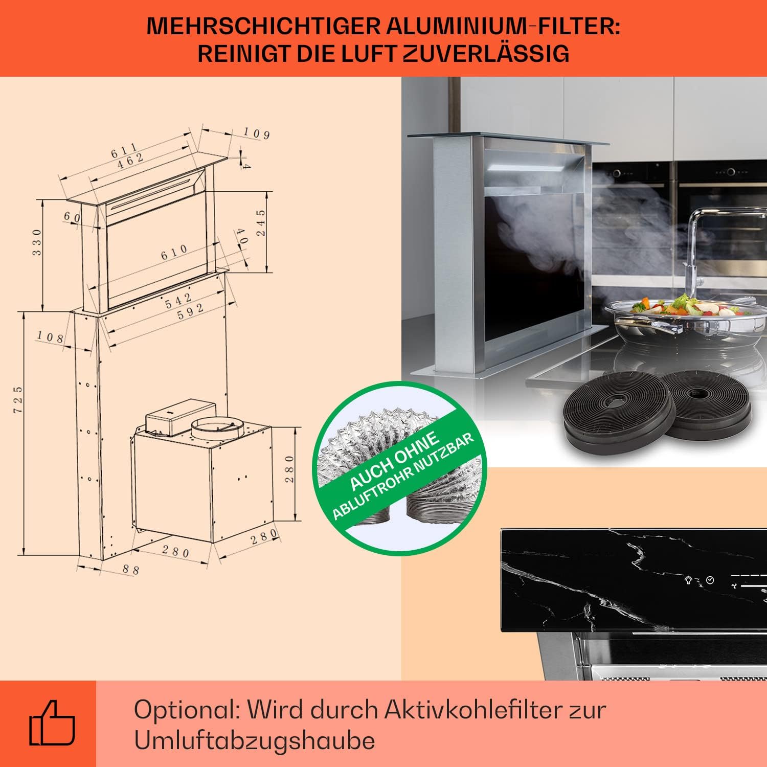 Klarstein Downdraft-Dunstabzugshaube, Versenkbare Abzugshaube, Leise Dunstabzugshauben mit Filter, Dunstabzugshaube 60cm, Umluft/Abluft Dunsthaube mit 10 Stufen, Dunstabzug 576 m³/h Luftstrom