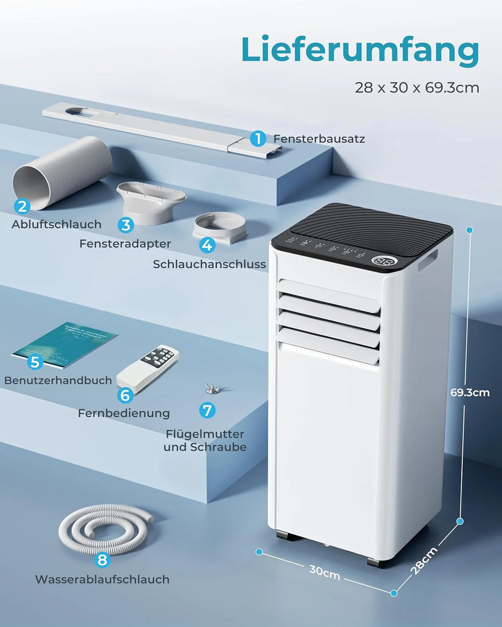 Mobile Klimaanlage 9000 BTU mit Abluftschlauch | 4-in-1 Mobiles Klimagerät | Leiser Betrieb
