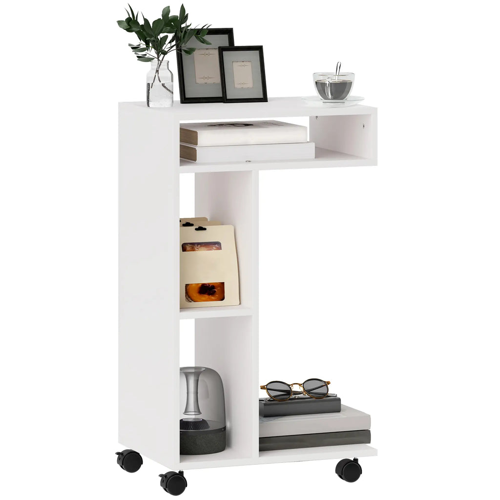 HOMCOM Beistelltisch C-Form mit Rollen und Regalen Weiß