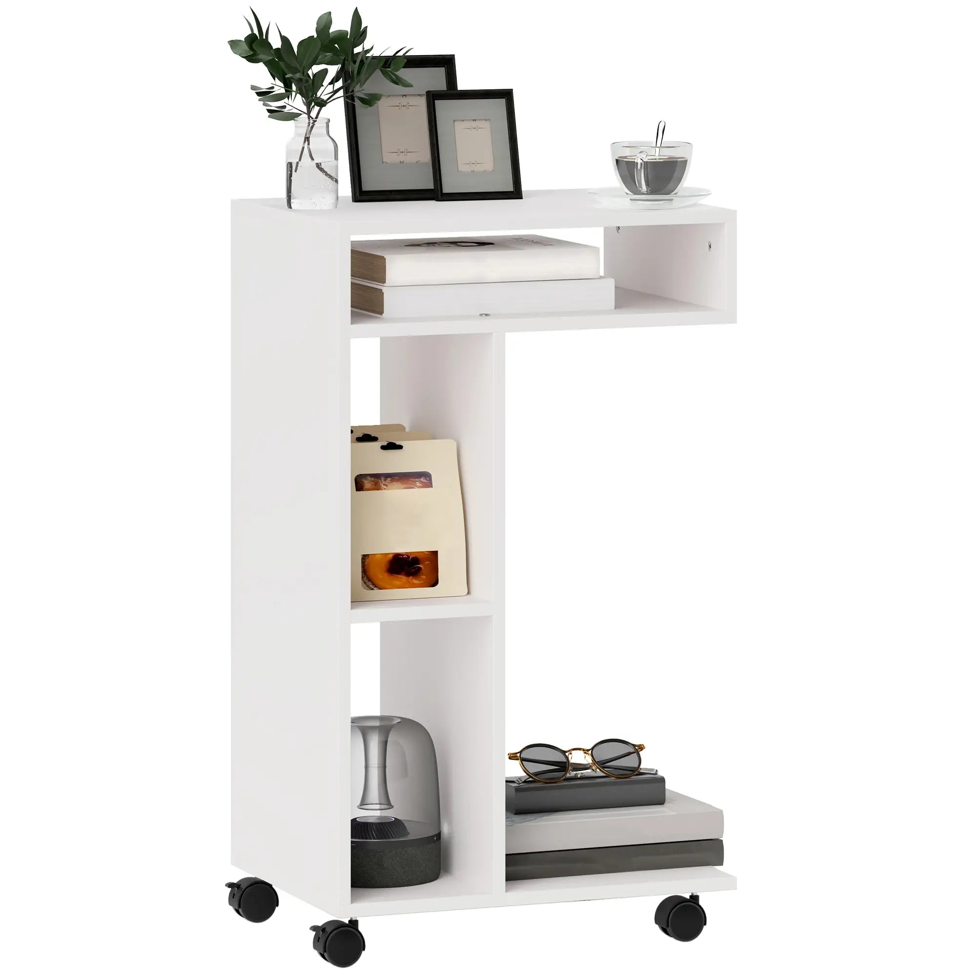 HOMCOM Beistelltisch C-Form mit Rollen und Regalen Weiß