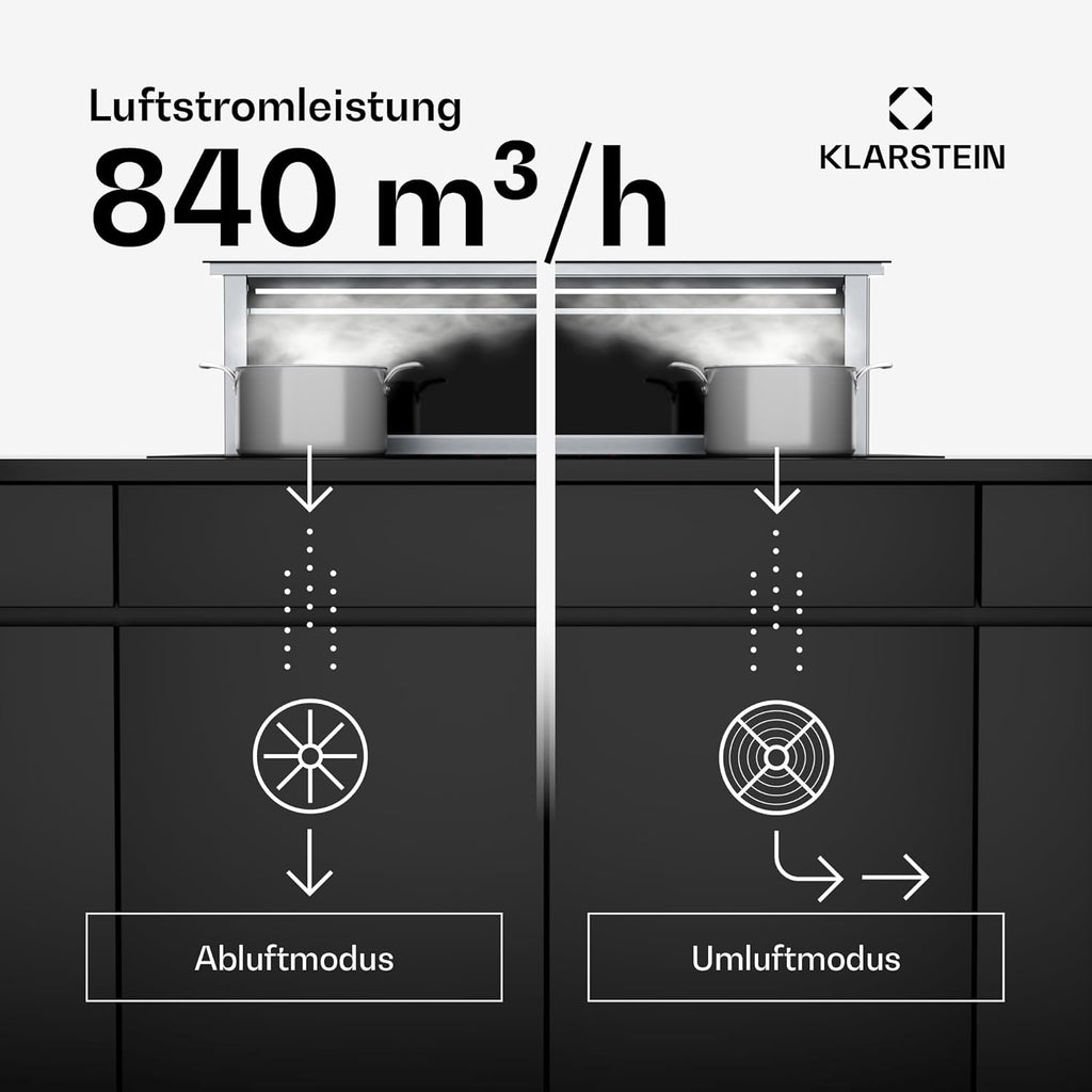 Klarstein Downdraft-Dunstabzugshaube, Versenkbare Abzugshaube, Leise Dunstabzugshauben mit Filter, Dunstabzugshaube 60cm, Umluft/Abluft Dunsthaube mit 10 Stufen, Dunstabzug 576 m³/h Luftstrom