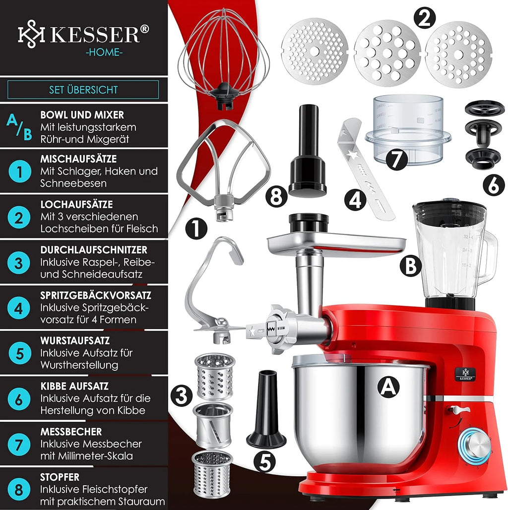 KESSER® 3 in 1 Universal Küchenmaschine K-KM 3000 mit Fleischwolf Knetmaschine Multifunktionale Rührmaschine 5,5L Schüssel mit 3 Rührwerkzeuge, 1,5L Entsafter, Zubehör-Set, Pasta & Gebäckformen