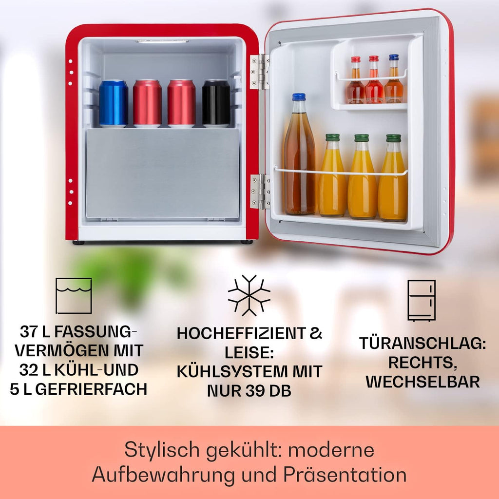 Klarstein Audrey Mini - kleiner Kühlschrank, kompakte Mini-Bar, freistehend, Kompressionskühlung, Fassungsvermögen, Kühlung: 0-10 °C, Mini-Kühlschrank mit 70 Liter Fassungsvermögen, rot