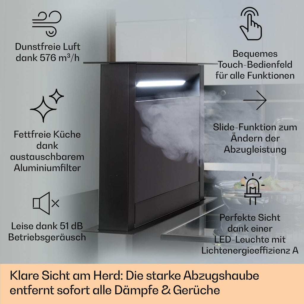 Klarstein Downdraft-Dunstabzugshaube, Versenkbare Abzugshaube, Leise Dunstabzugshauben mit Filter, Dunstabzugshaube 60cm, Umluft/Abluft Dunsthaube mit 10 Stufen, Dunstabzug 576 m³/h Luftstrom
