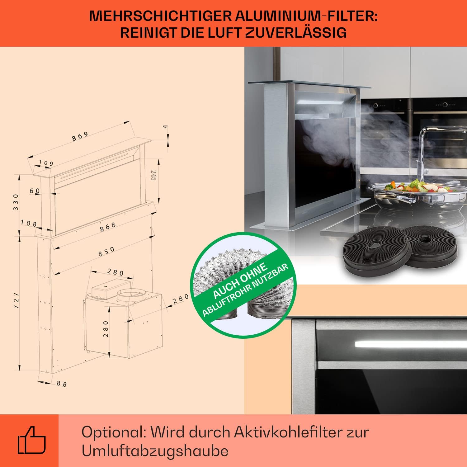Klarstein Downdraft-Dunstabzugshaube, Versenkbare Abzugshaube, Leise Dunstabzugshauben mit Filter, Dunstabzugshaube 60cm, Umluft/Abluft Dunsthaube mit 10 Stufen, Dunstabzug 576 m³/h Luftstrom