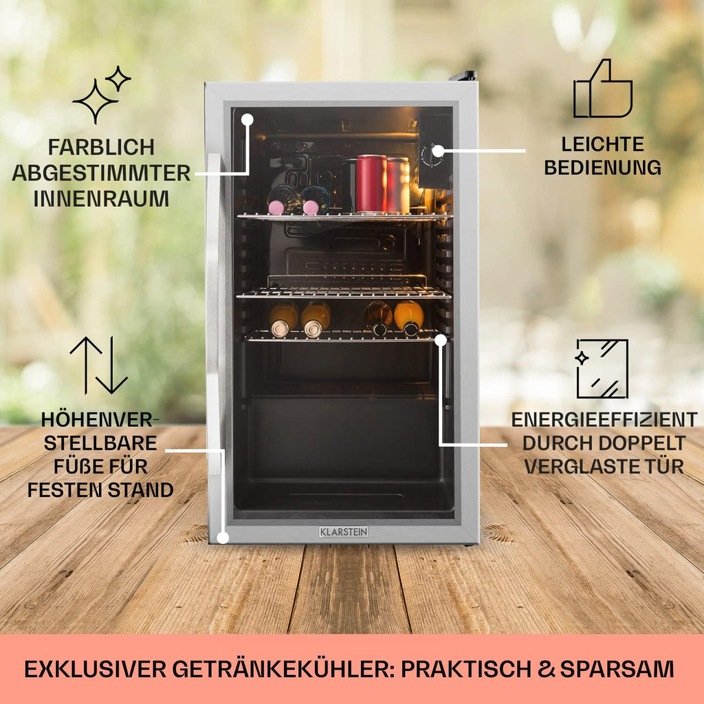 Klarstein Mini Kühlschrank mit Glastür für Zimmer, Getrnkekühlschrank mit Verstellbaren Ablagen, Kleiner 80 Liter, Indoor/Outdoor Kühlschrank Leise