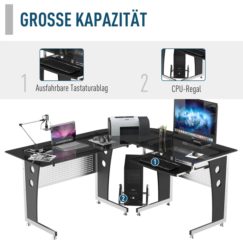 HOMCOM Eckschreibtisch L-Form mit Tastaturablage & PC-Tower-Halterung
