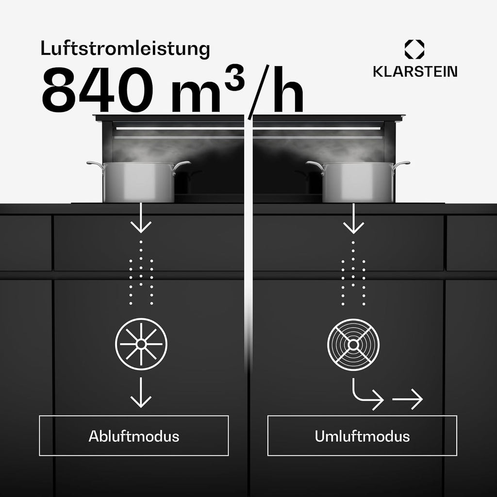 Klarstein Downdraft-Dunstabzugshaube, Versenkbare Abzugshaube, Leise Dunstabzugshauben mit Filter, Dunstabzugshaube 60cm, Umluft/Abluft Dunsthaube mit 10 Stufen, Dunstabzug 576 m³/h Luftstrom
