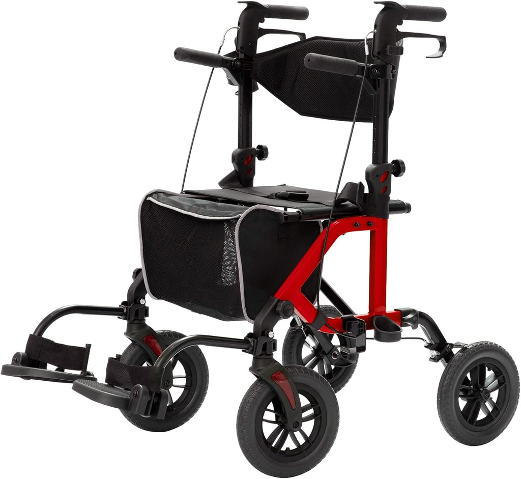 Geländegängiger 2-in-1-Rollator und Transportstuhl, zusammenklappbarer Rollstuhl mit luftlosen 10-Zoll-Rädern für Senioren, umkehrbare Rückenlehne und abnehmbare Fußstützen, blau