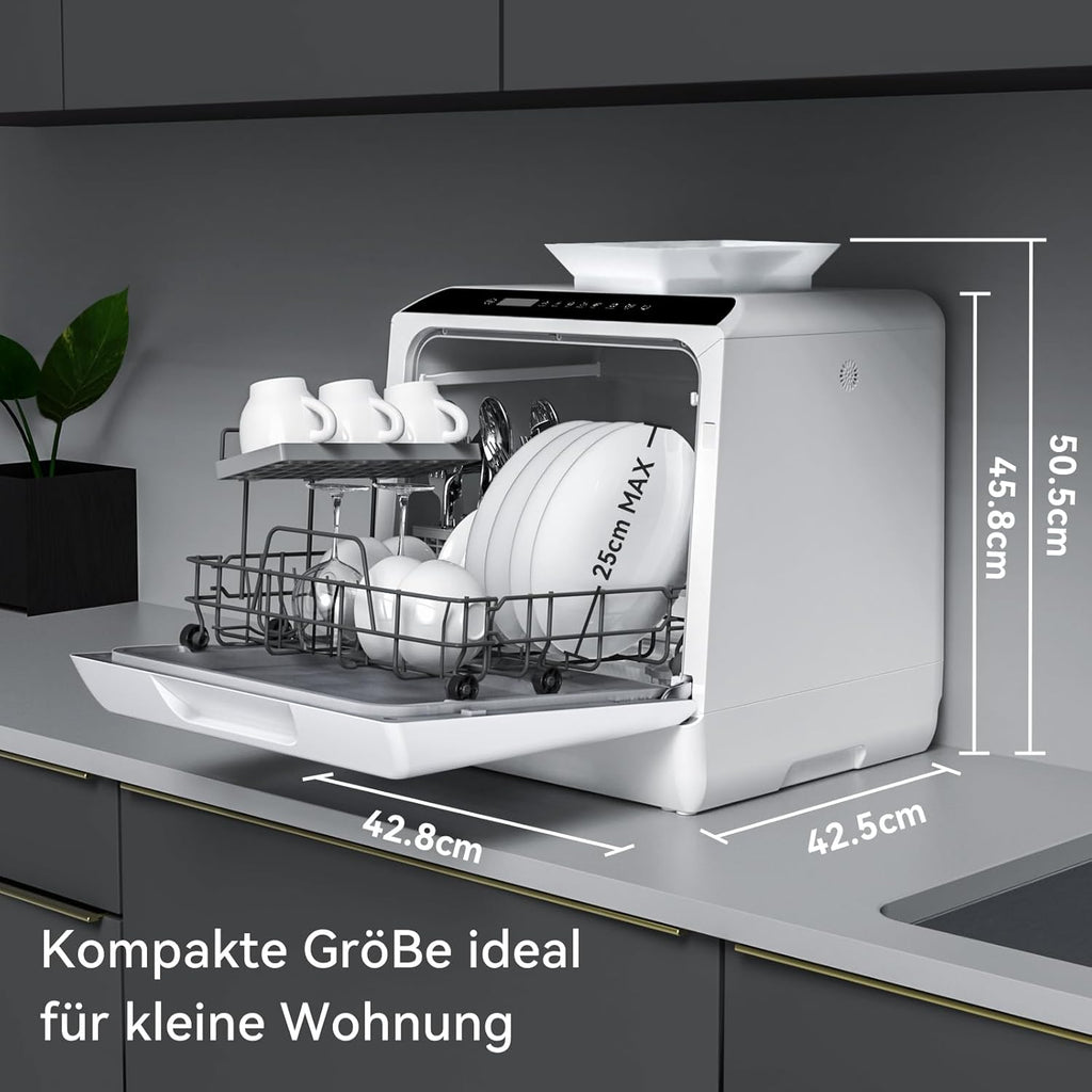 Hermitlux Mini Geschirrspüler, Spülmaschine für 4 Bestecksätze, 5 Liter Wassertank, 6 Programme Mini Tischgeschirrspüler, Perfekt für Wohnungen, Schlafsäle, Camping, Weiß
