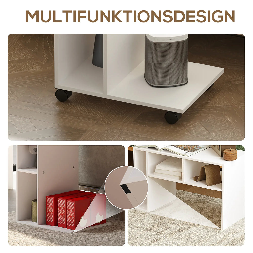 HOMCOM Beistelltisch C-Form mit Rollen und Regalen Weiß