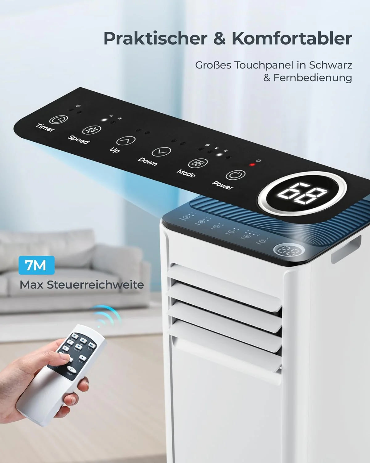 Mobile Klimaanlage 9000 BTU mit Abluftschlauch | 4-in-1 Mobiles Klimagerät | Leiser Betrieb