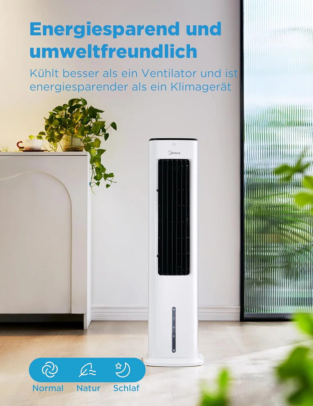 Midea Luftkühler mit Wasserkühlung, Klimaanlage Mobil, Ventilator mit 5L Wasserkühlung, Luftbefeuchter und Ionisation, Klimaanlage Ohne Abluftschlauch, 355m/h, Ventilator mit Fernbedienung,55W,Wei