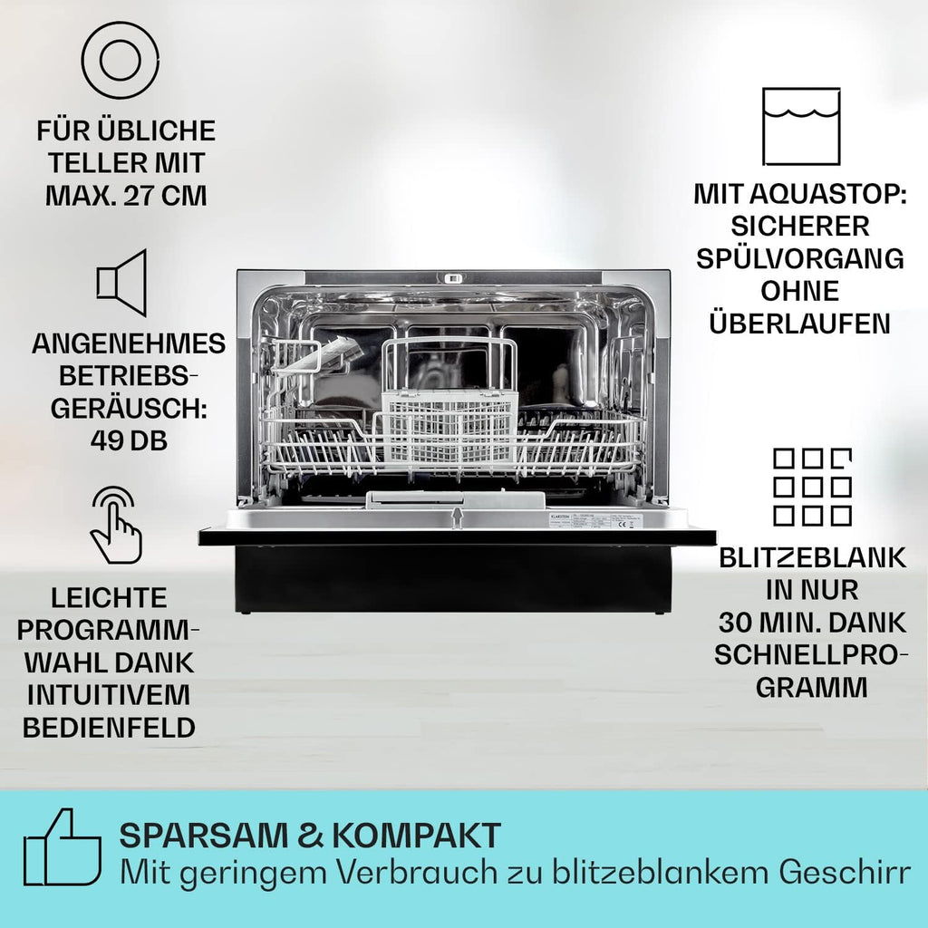 Klarstein ia 8 - Spülmaschine, Geschirrspüler, Freistehend, Teilintegriert, F, 55 cm breit, 8 Maßgedecke, 6 Programme, Aquastop, silber
