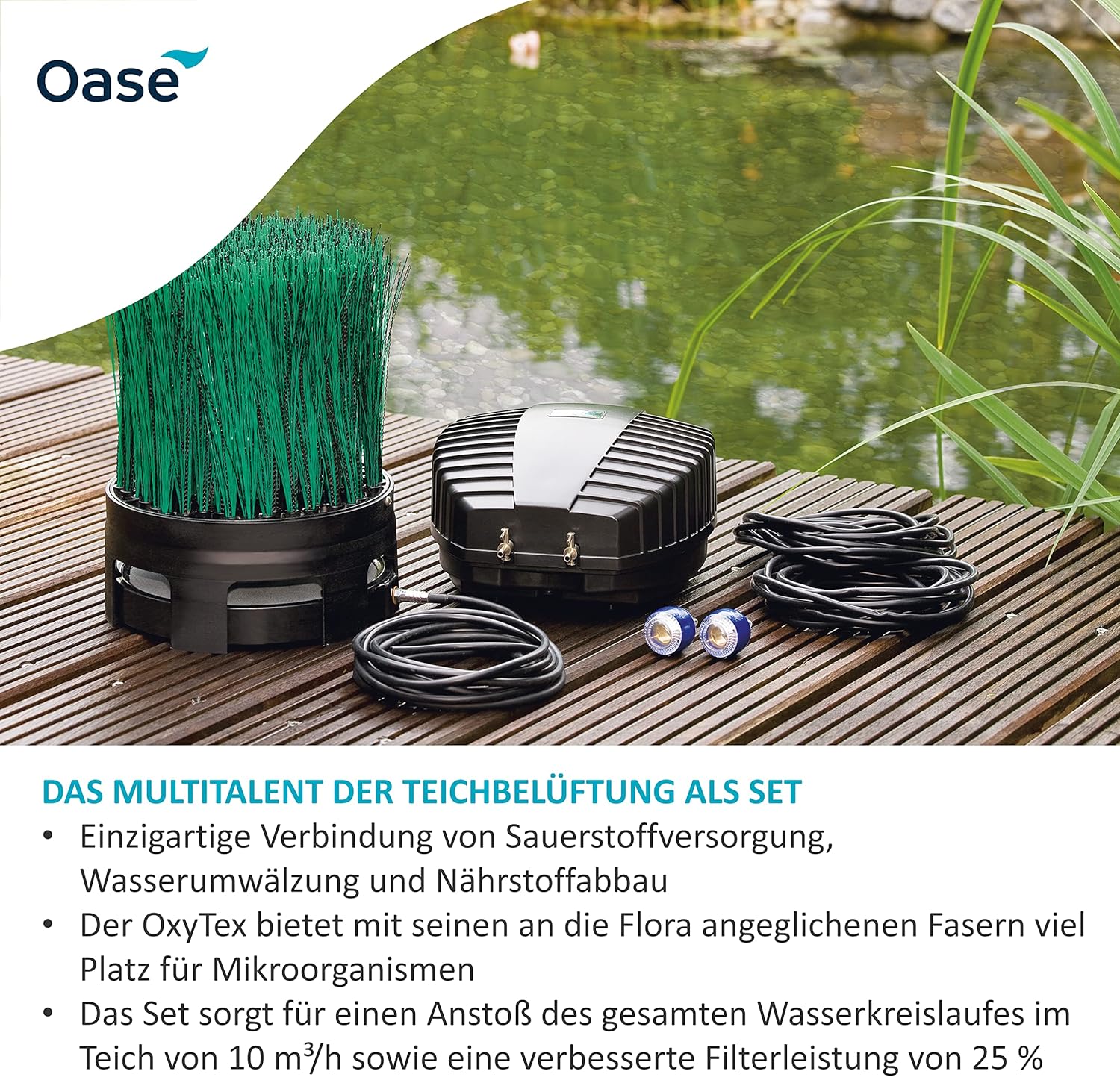OASE 50249 Teichbelüfter OxyTex Set 1000, Teichbelüftung, Sauerstoffversorgung, Belüftungspumpe, Filtermedium, erhöht Filterleistung um bis zu 25%