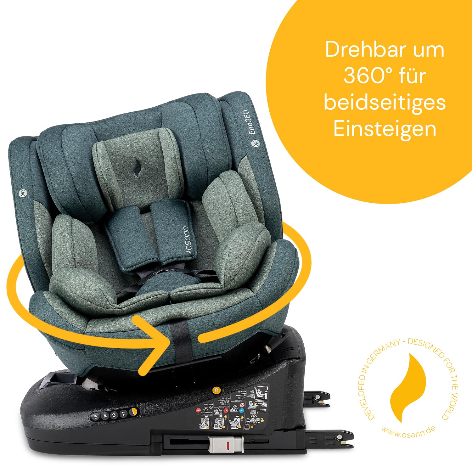 Osann Eno360 i-Size, drehbarer Kindersitz 40-150 cm, Reboarder mit Isofix, Baby Autositz – Dark Grey Melange