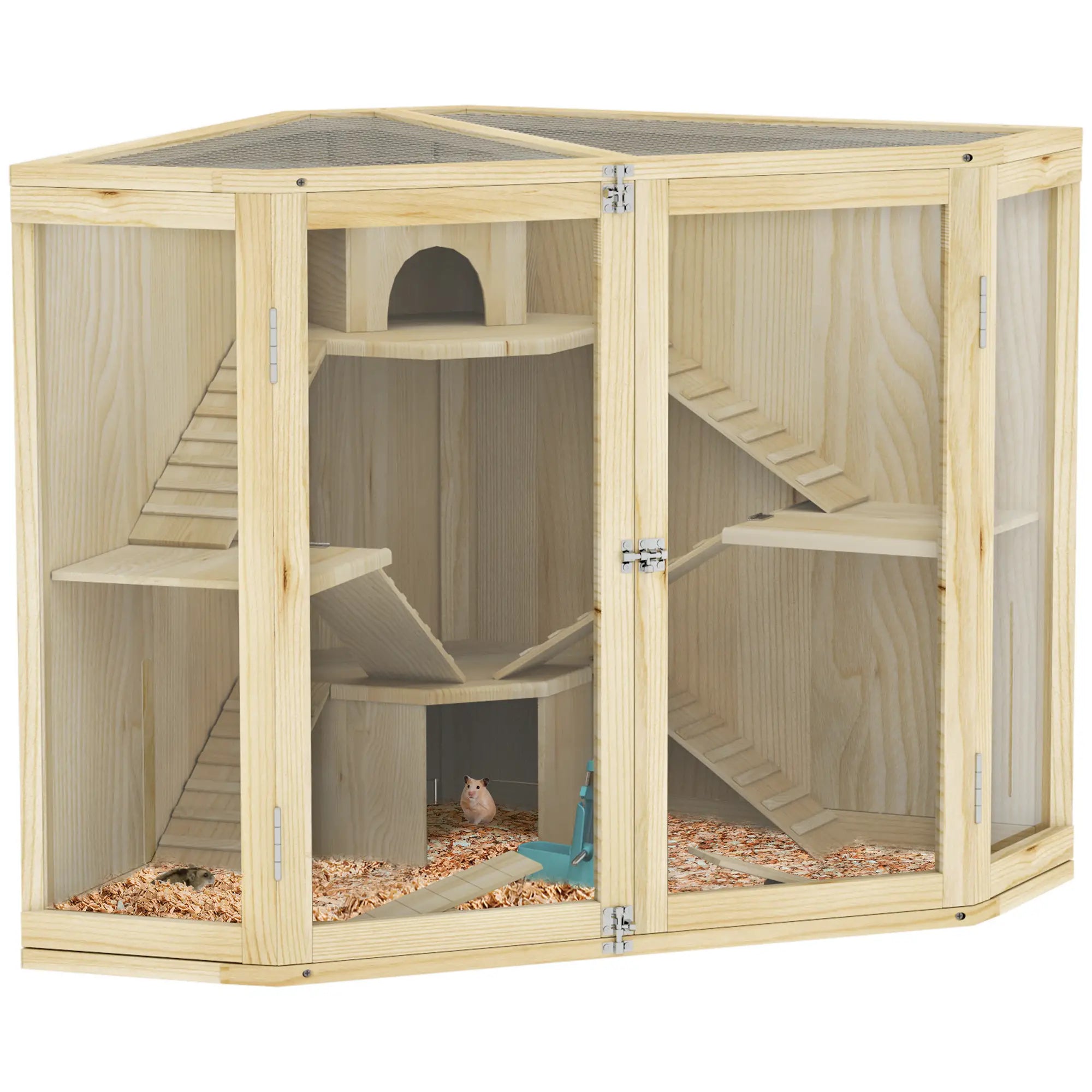 PawHut Hamsterkäfig Holz 4 Ebenen mit Zubehör und Sichtfenster