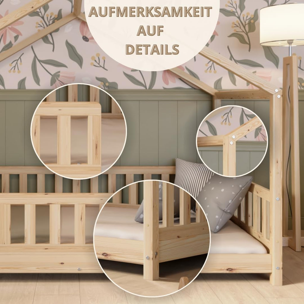 Crazy Pine Hausbett mit Schubladen 200x90 cm – Kinderbett aus Naturholz mit Rausfallschutz – Montessori Bodenbett mit zusätzlichen Stauraum und und Abnehmbarer Barriere - Crazy House