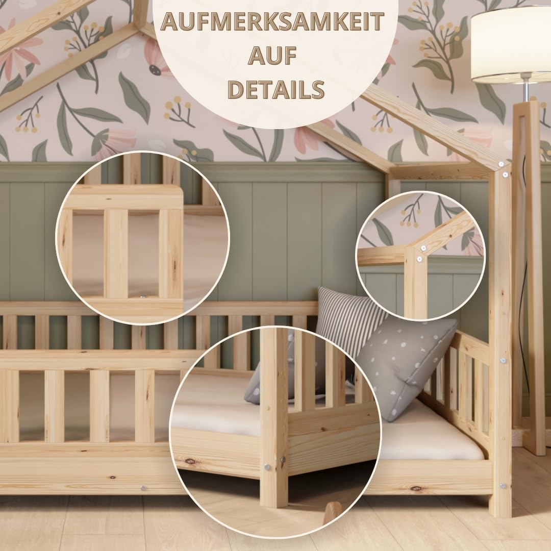 Crazy Pine Hausbett mit Schubladen 200x90 cm – Kinderbett aus Naturholz mit Rausfallschutz – Montessori Bodenbett mit zusätzlichen Stauraum und und Abnehmbarer Barriere - Crazy House