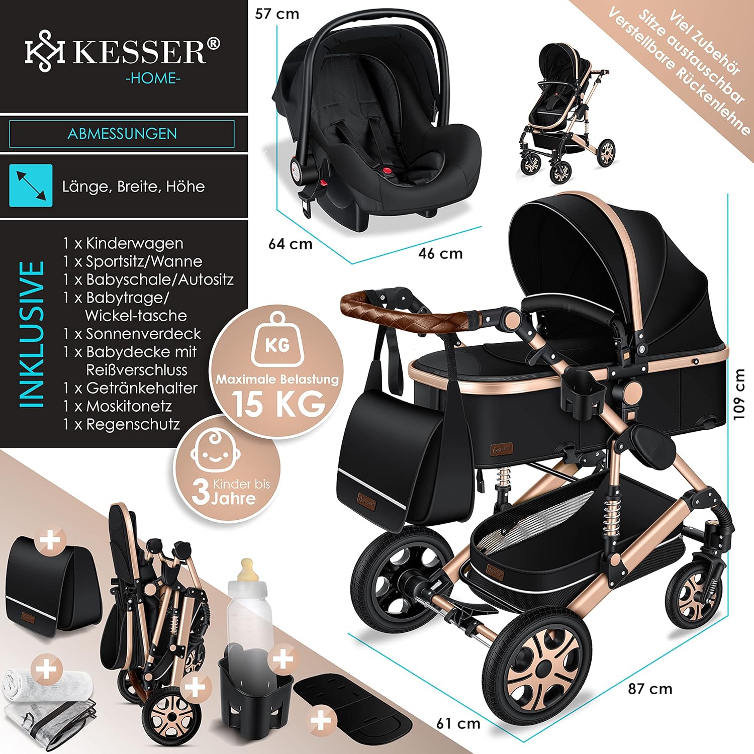 KESSER Loops 3 in 1 Kinderwagen Kombikinderwagen Komplett-Set inkl. Babywanne & Buggy Sportsitz & Auto-Babyschale Voll-Gummireifen Wickeltasche Regenschutz Kindertisch ECE R129, Schwarz/Champagne