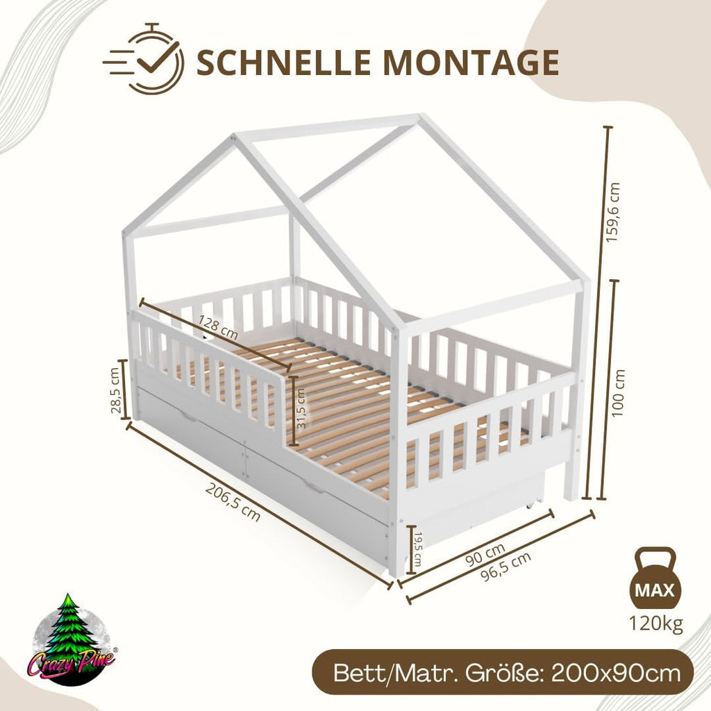 Crazy Pine Hausbett mit Schubladen 200x90 cm – Kinderbett aus Naturholz mit Rausfallschutz – Montessori Bodenbett mit zusätzlichen Stauraum und und Abnehmbarer Barriere - Crazy House