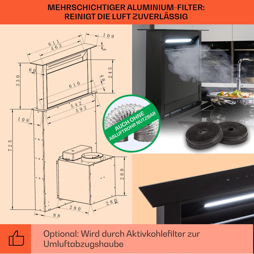 Klarstein Downdraft-Dunstabzugshaube, Versenkbare Abzugshaube, Leise Dunstabzugshauben mit Filter, Dunstabzugshaube 60cm, Umluft/Abluft Dunsthaube mit 10 Stufen, Dunstabzug 576 m³/h Luftstrom