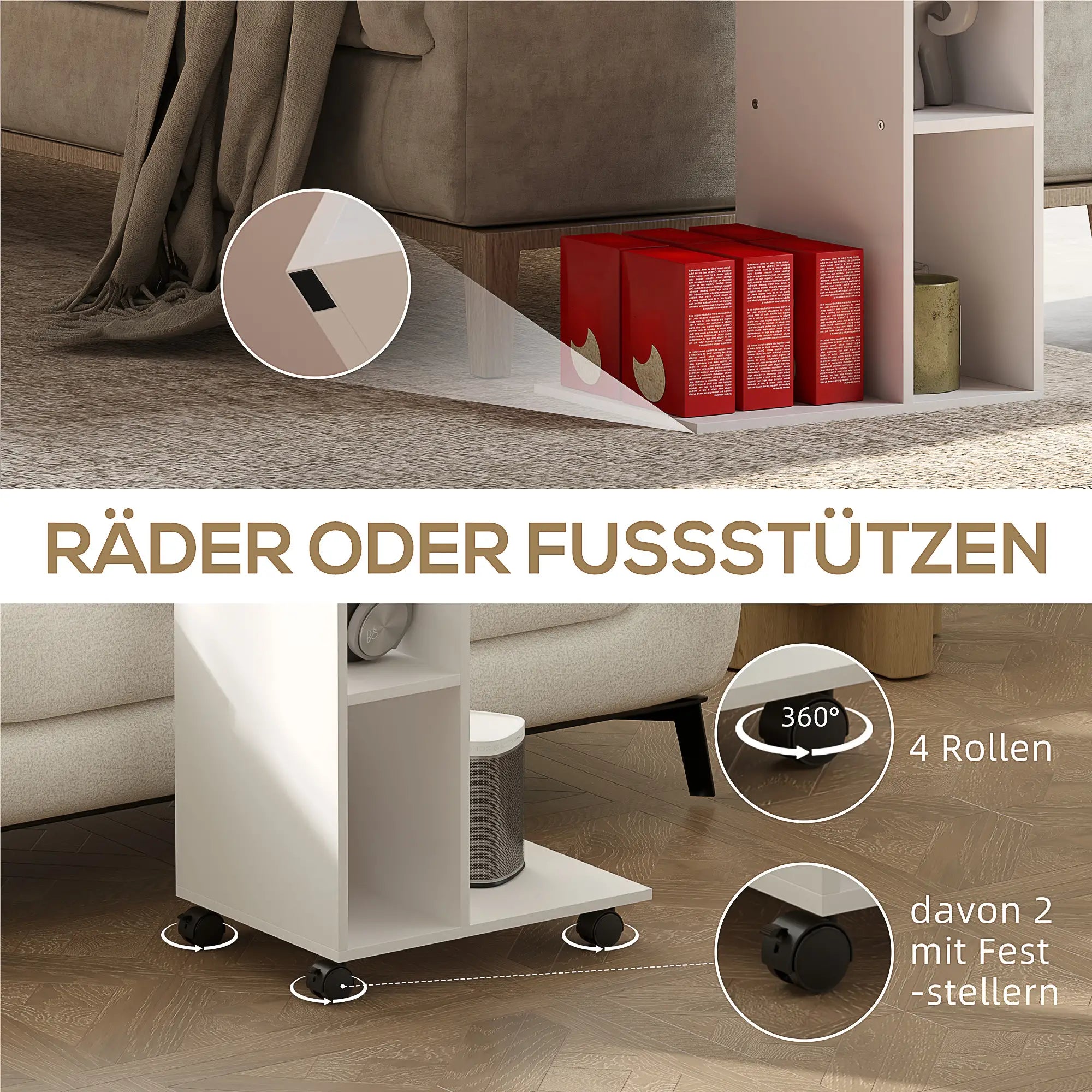 HOMCOM Beistelltisch C-Form mit Rollen und Regalen Weiß