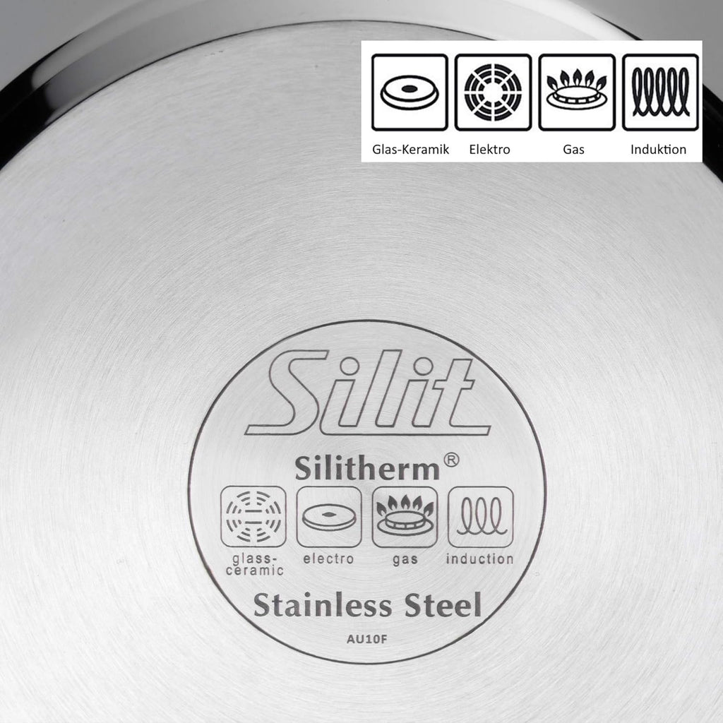 Silit Toskana Topfset induktionsgeeignet 10-teilig, Kochtopf Set mit Glasdeckel, Induktionskochtöpfe, Milchtopf, Dämpfer, Pfanne, Edelstahl teilmattiert, Induktions Töpfe Set unbeschichtet