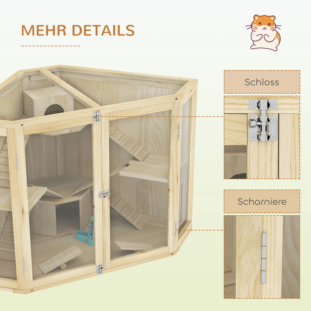 PawHut Hamsterkäfig Holz 4 Ebenen mit Zubehör und Sichtfenster