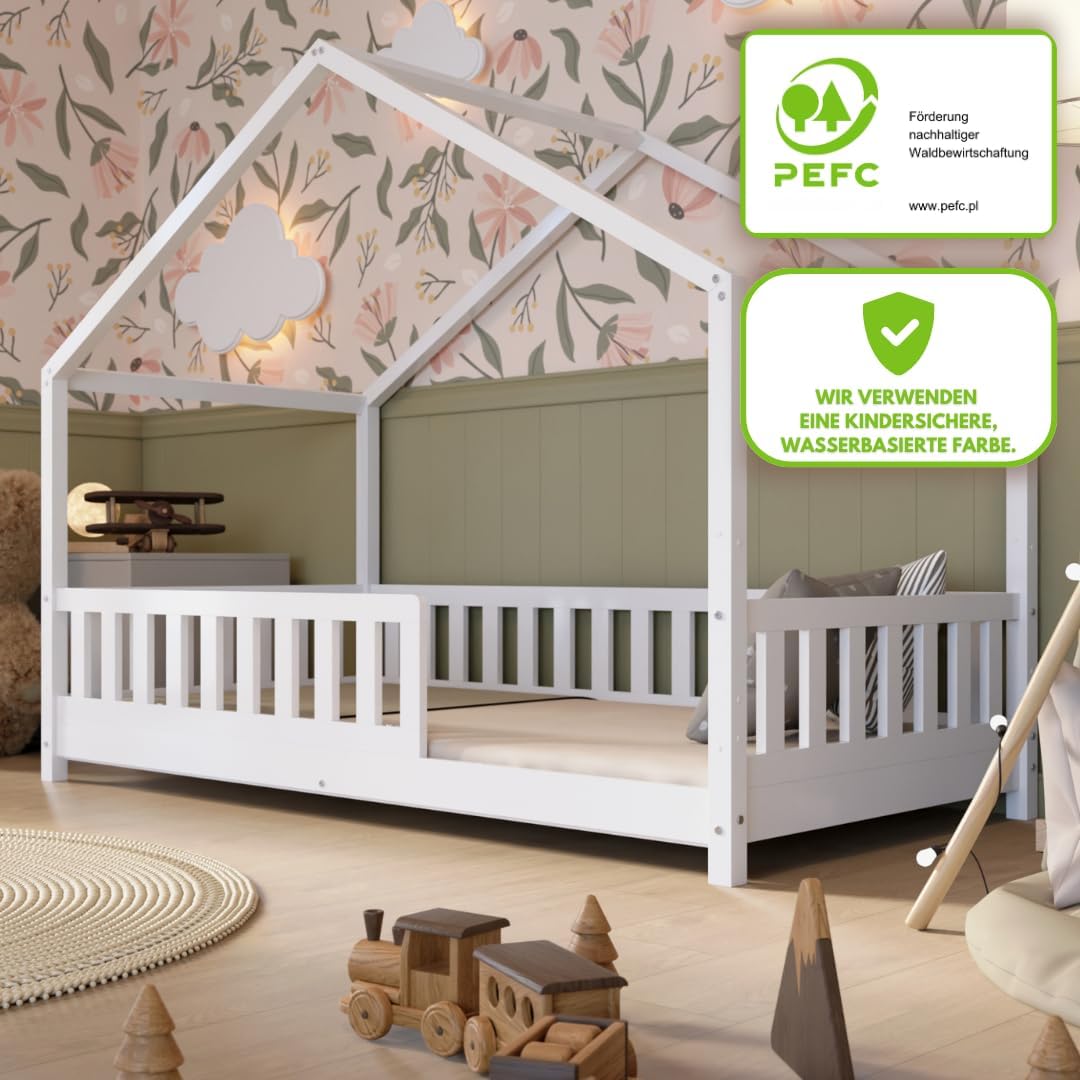 Crazy Pine Hausbett mit Schubladen 200x90 cm – Kinderbett aus Naturholz mit Rausfallschutz – Montessori Bodenbett mit zusätzlichen Stauraum und und Abnehmbarer Barriere - Crazy House