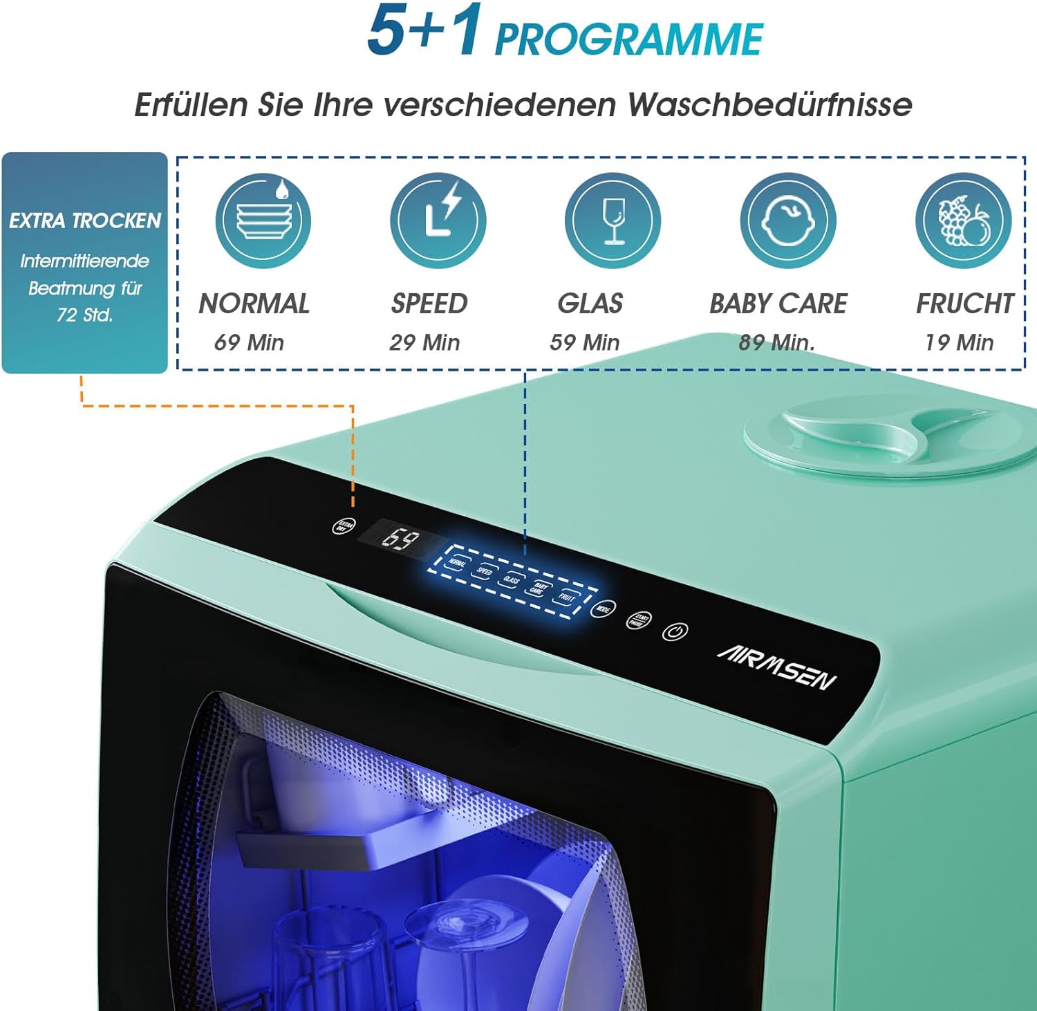 AIRMSEN Mini Geschirrspüler Tischgeschirrspüler mit 5+1 Programme 5L Wassertank, 2 Wege Wasserversorgung, Touch Control & LED-Display, Geeignet für Hausküchen, Wohnungen, Schlafsäle, Weiß & Schwarz
