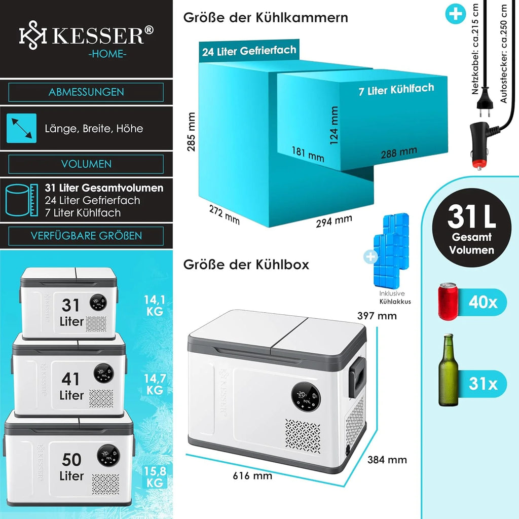 KESSER® Kompressor Kühlbox 2in1 Doppelzone Kühl & Gefrierfach elektrische Gefrierbox mit 2x Kühlakkus & LED-Touch-Bedienung | Kühlschrank Kühlung bis -20 °C für Camping, Auto, Lkw 12/24V 230V