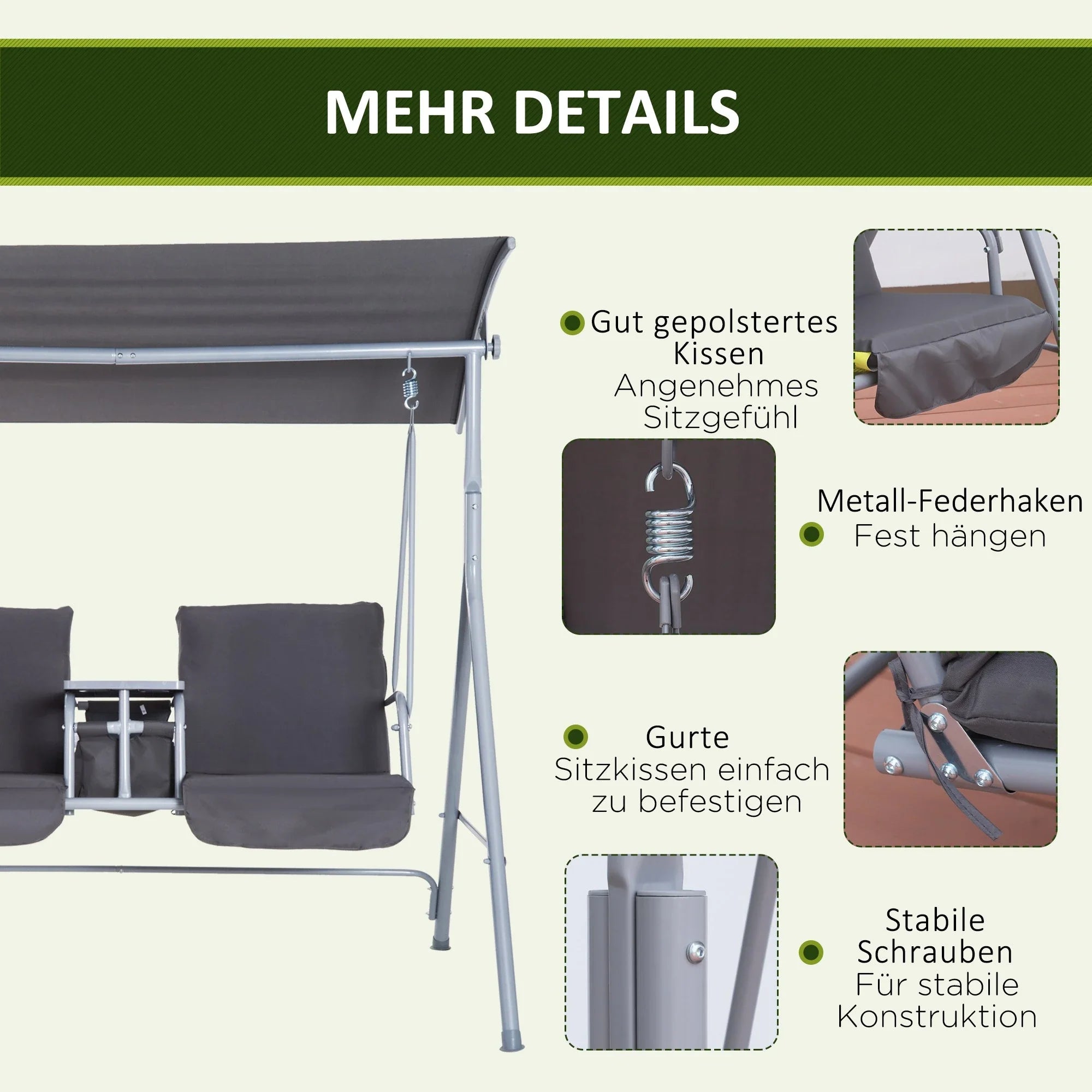 Outsunny Hollywoodschaukel 2-Sitzer mit Sonnendach Becherhalter