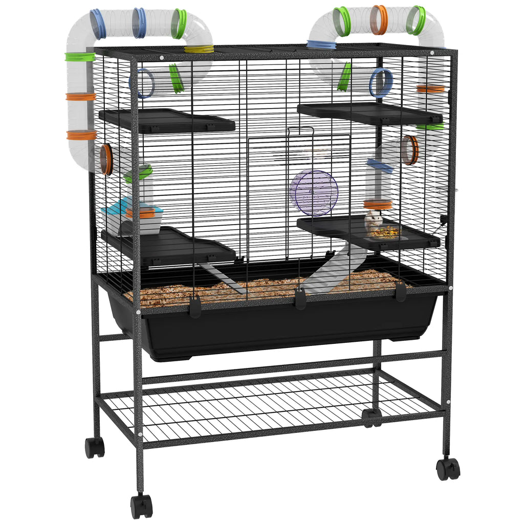 PawHut Hamsterkäfig Nagerkäfig mit Röhren Laufrad Rollen Ablage