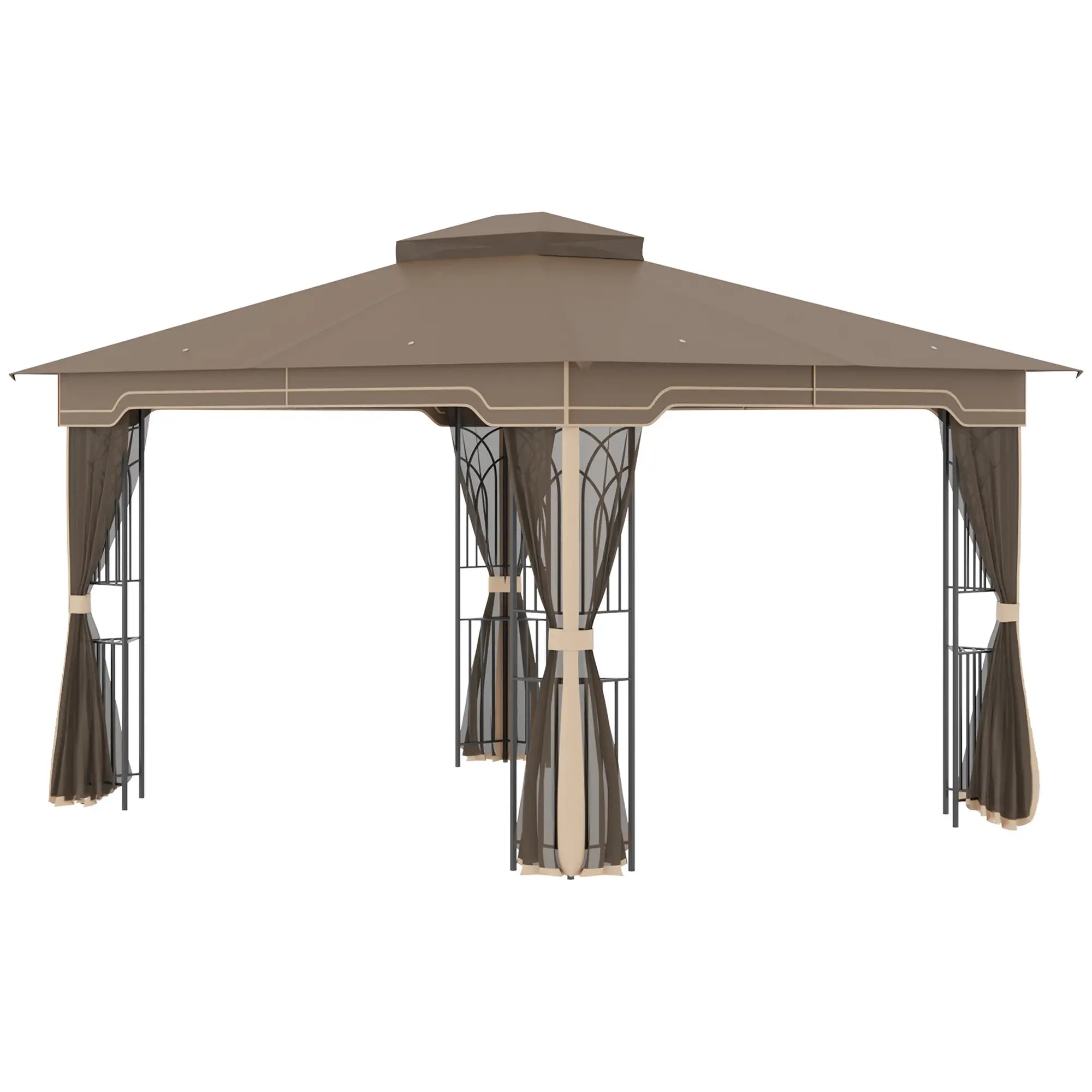 Outsunny Gartenpavillon 3,65 × 3 m mit Doppeldach & Moskitonetz – Braun/Beige