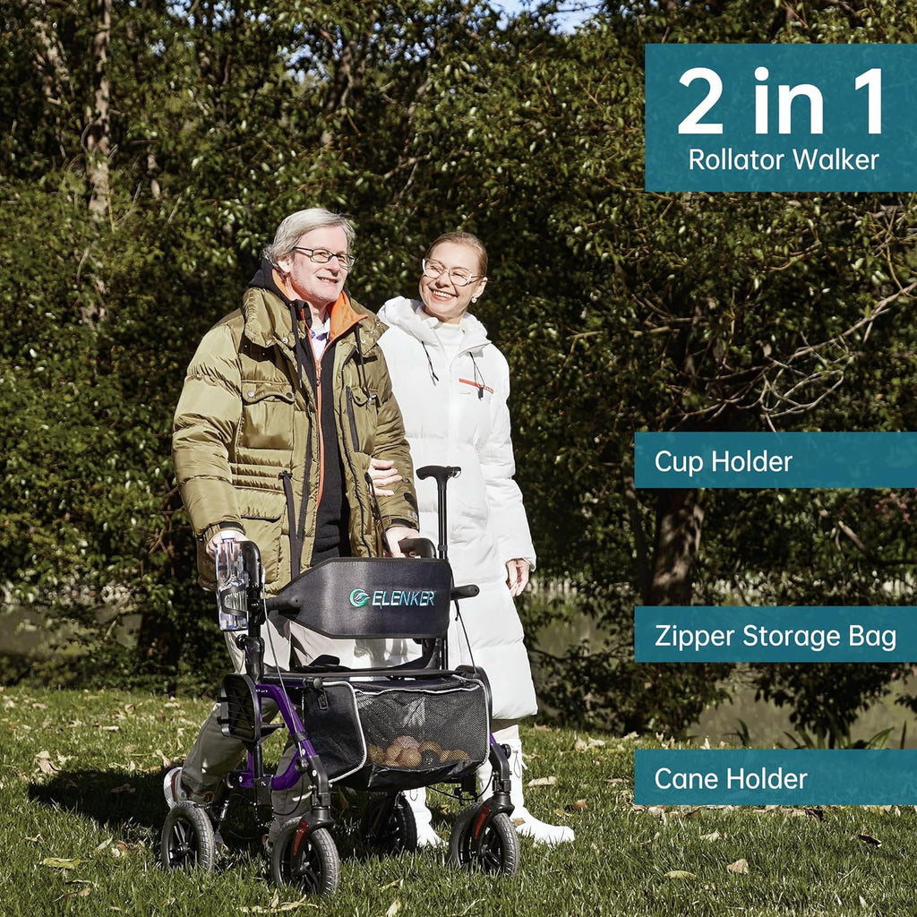 Geländegängiger 2-in-1-Rollator und Transportstuhl, zusammenklappbarer Rollstuhl mit luftlosen 10-Zoll-Rädern für Senioren, umkehrbare Rückenlehne und abnehmbare Fußstützen, blau