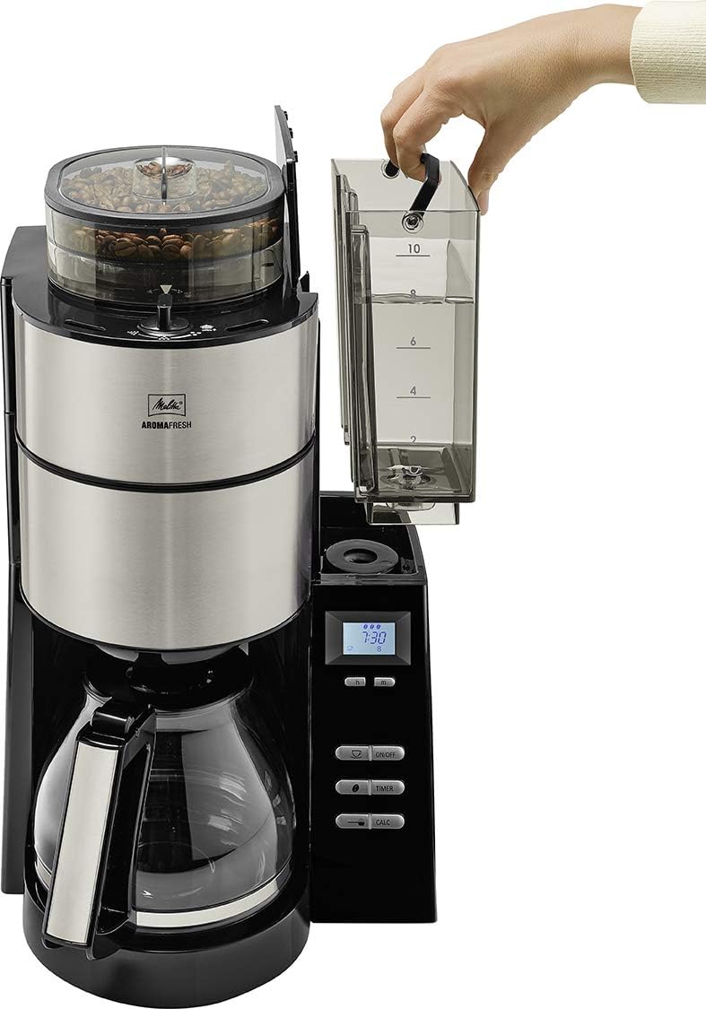 Melitta AromaFresh - Filterkaffeemaschine - mit Glaskanne - integriertes Mahlwerk - Timer Funktion - 10 Tassen - Pure Black