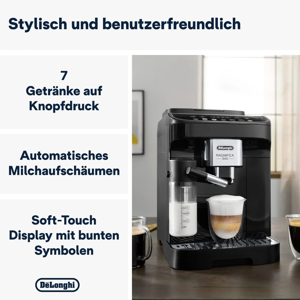 De'Longhi Magnifica Evo ECAM 292.81.B Kaffeevollautomat mit LatteCrema Milchsystem, 7 Direktwahltasten für Cappuccino, Espresso und weitere Kaffeespezialitten, 2-Tassen-Funktion, Schwarz
