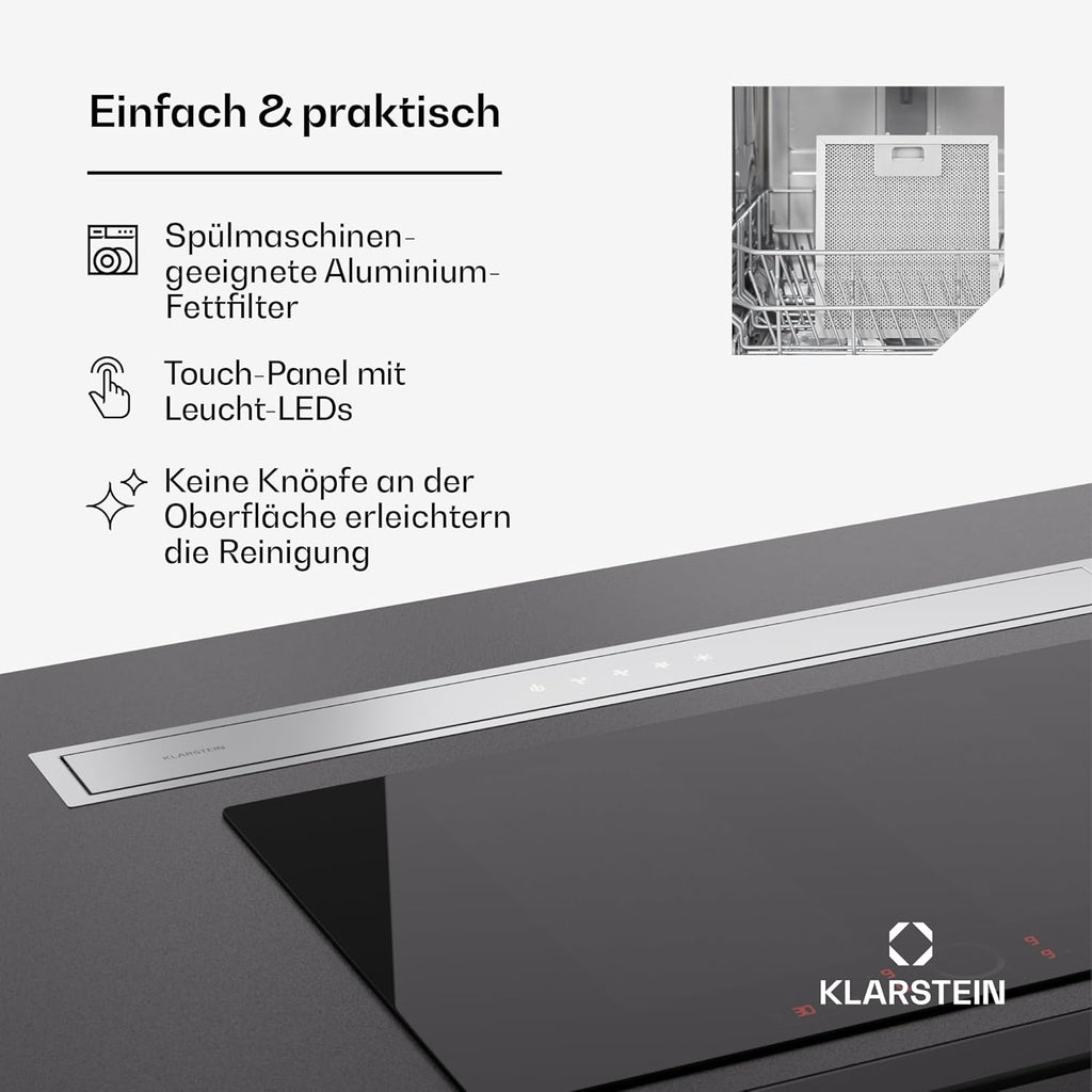 Klarstein Downdraft-Dunstabzugshaube, Versenkbare Abzugshaube, Leise Dunstabzugshauben mit Filter, Dunstabzugshaube 60cm, Umluft/Abluft Dunsthaube mit 10 Stufen, Dunstabzug 576 m³/h Luftstrom