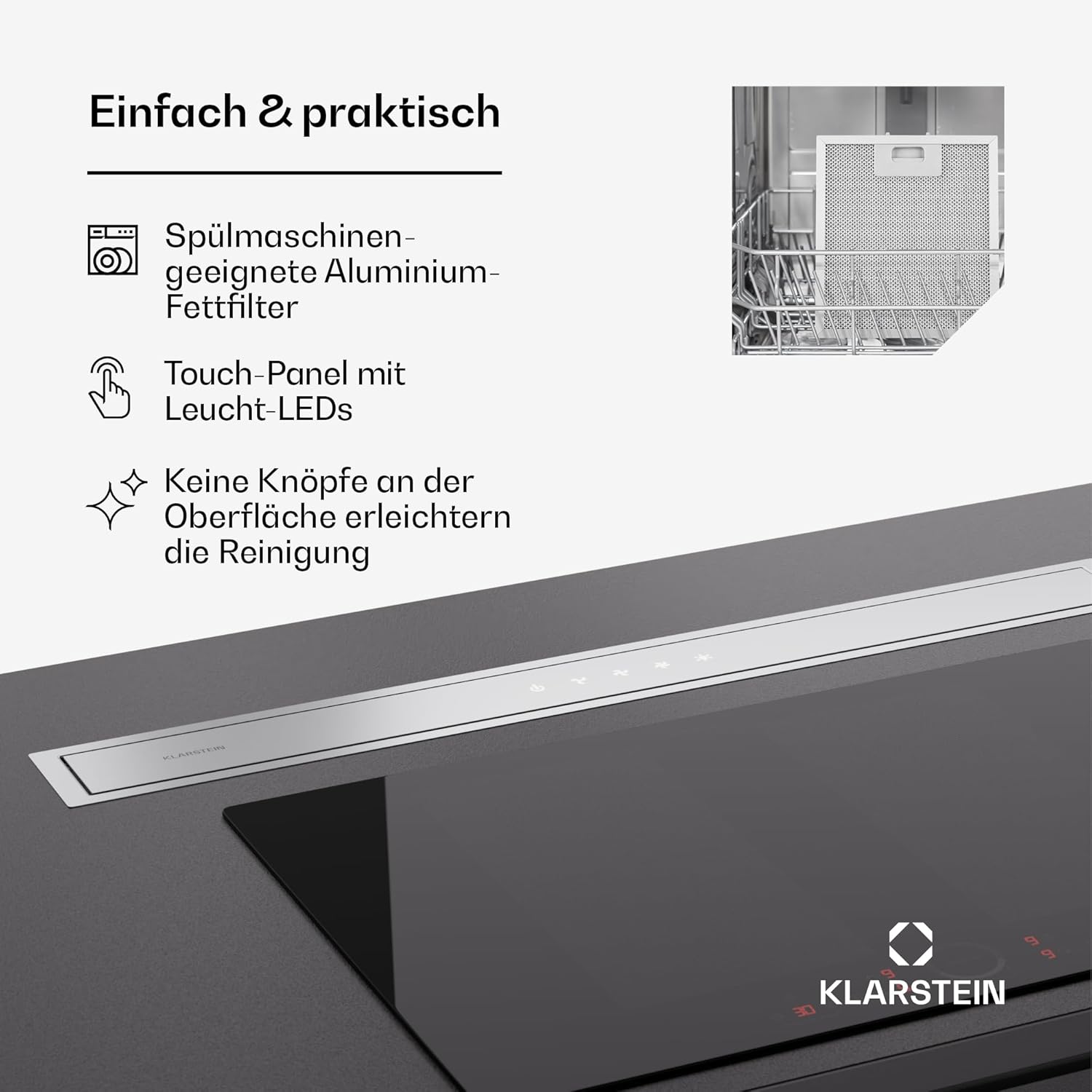 Klarstein Downdraft-Dunstabzugshaube, Versenkbare Abzugshaube, Leise Dunstabzugshauben mit Filter, Dunstabzugshaube 60cm, Umluft/Abluft Dunsthaube mit 10 Stufen, Dunstabzug 576 m³/h Luftstrom