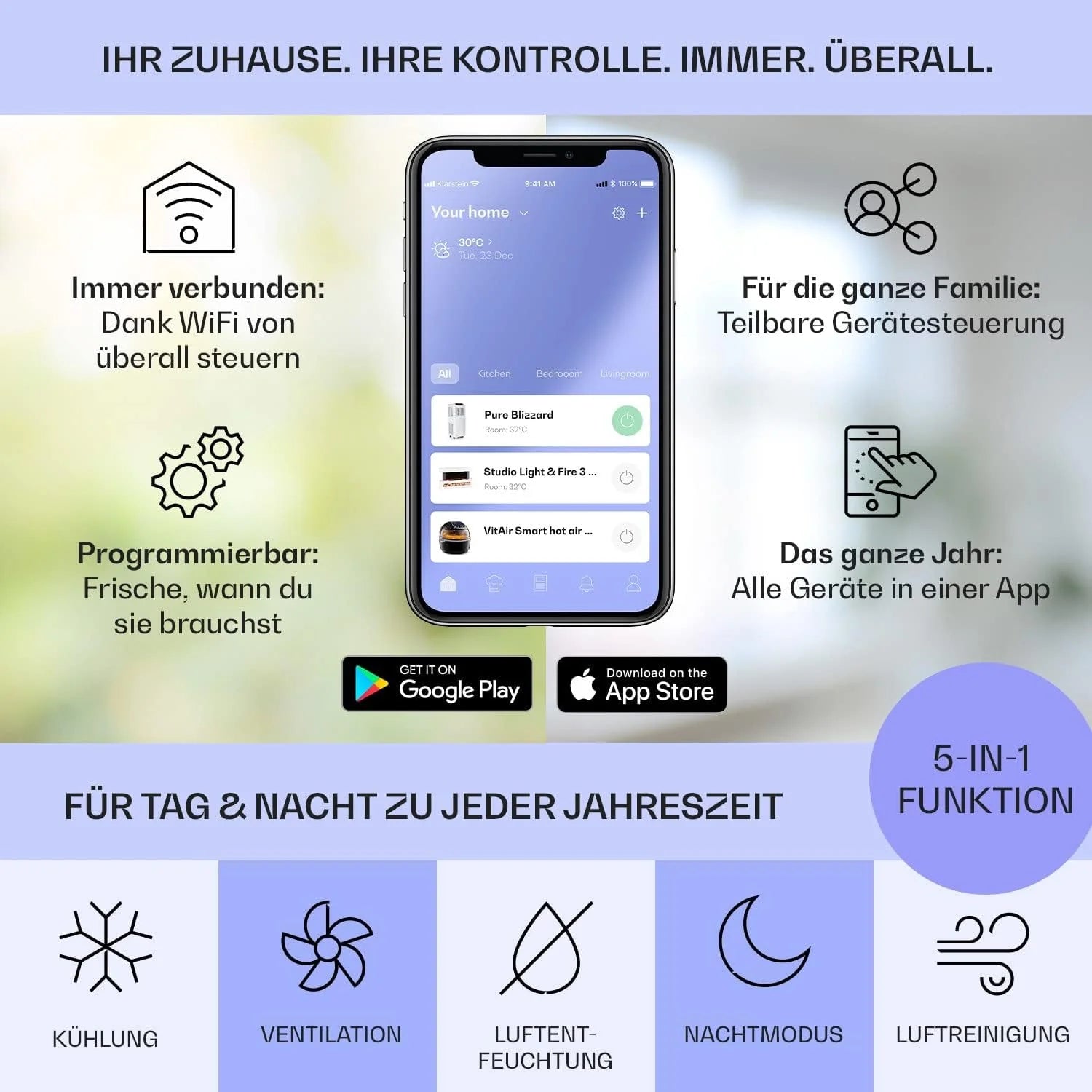 Klarstein Mobile Klimaanlage mit Abluftschlauch, 5-in-1 Klimagerät, Ventilator, Luftentfeuchter, Luftreiniger & Nachtmodus, App-Steuerung, Kleine & Portable, für Wohnung & Büro, 12000 BTU