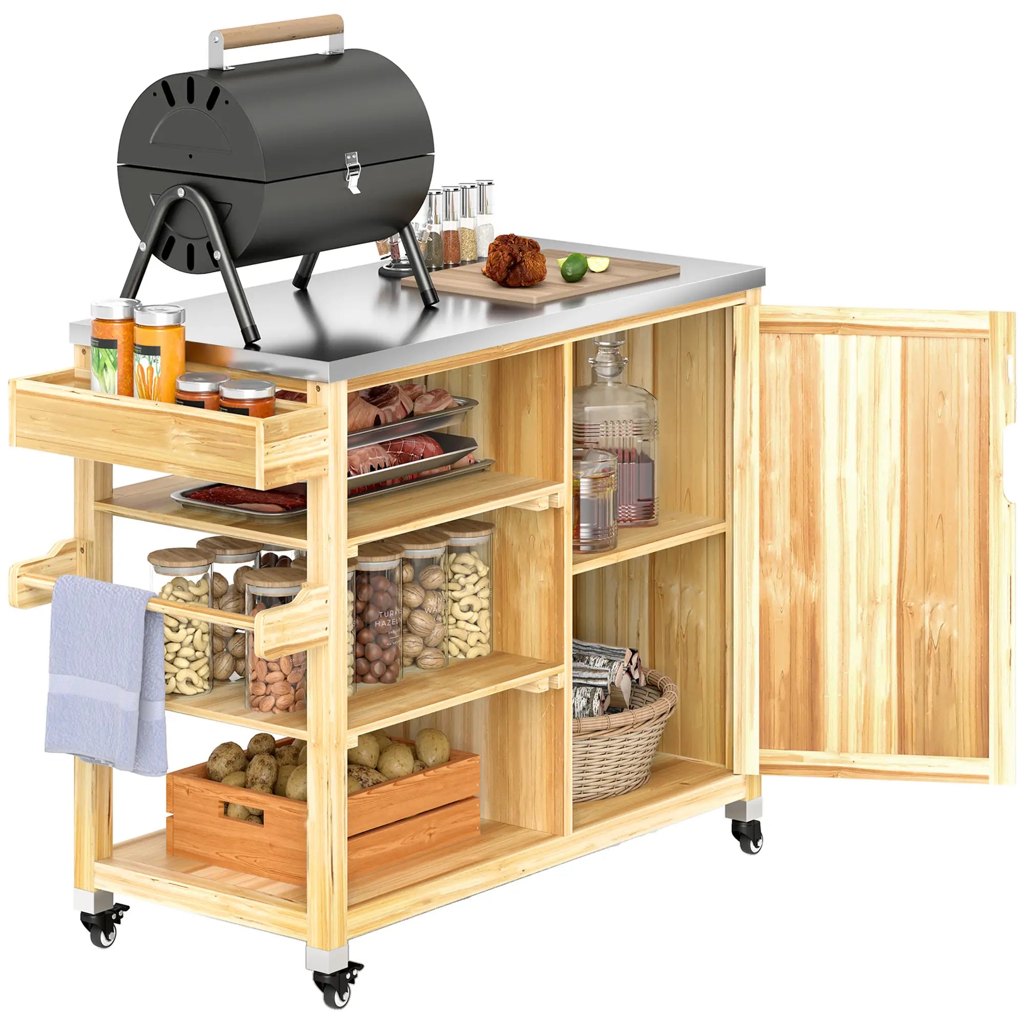 Outsunny Grillwagen Outdoor Kücheninsel mit Rollen Massivholz