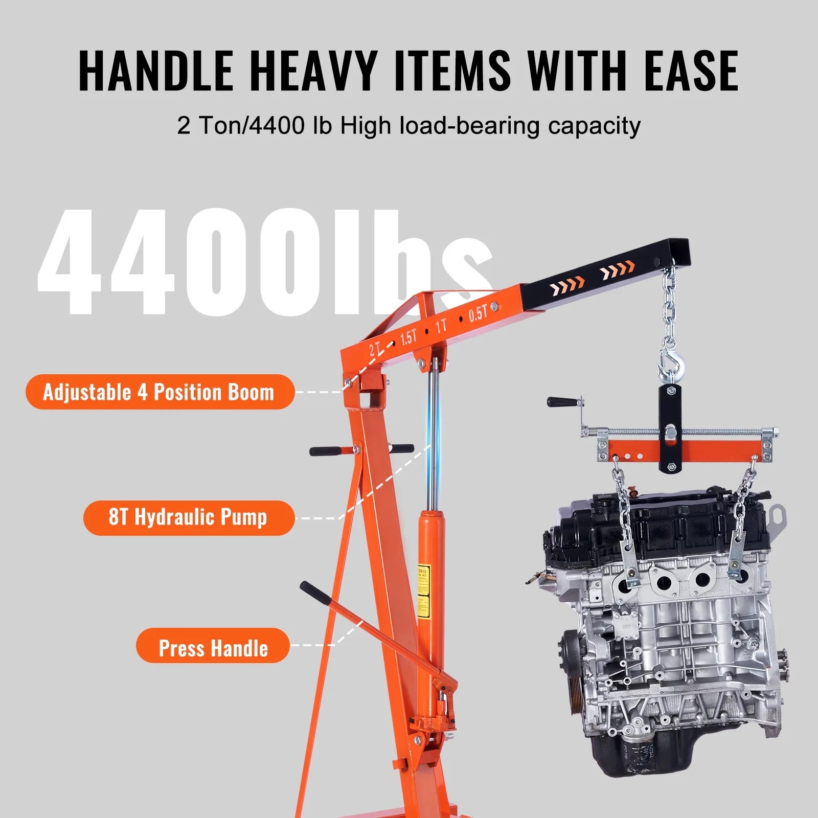 BENTISM 2T Klappbarer Motorkran Motorheber mit Wasserwaage 4400 lbs/2 Tonnen Hochleistungs-Hubsteiger Werkstattkran Alterungsbeständiger Motorkran