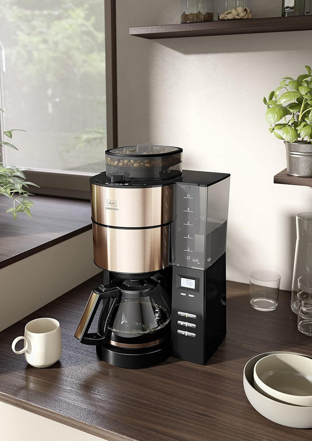 Melitta AromaFresh - Filterkaffeemaschine - mit Glaskanne - integriertes Mahlwerk - Timer Funktion - 10 Tassen - Pure Black